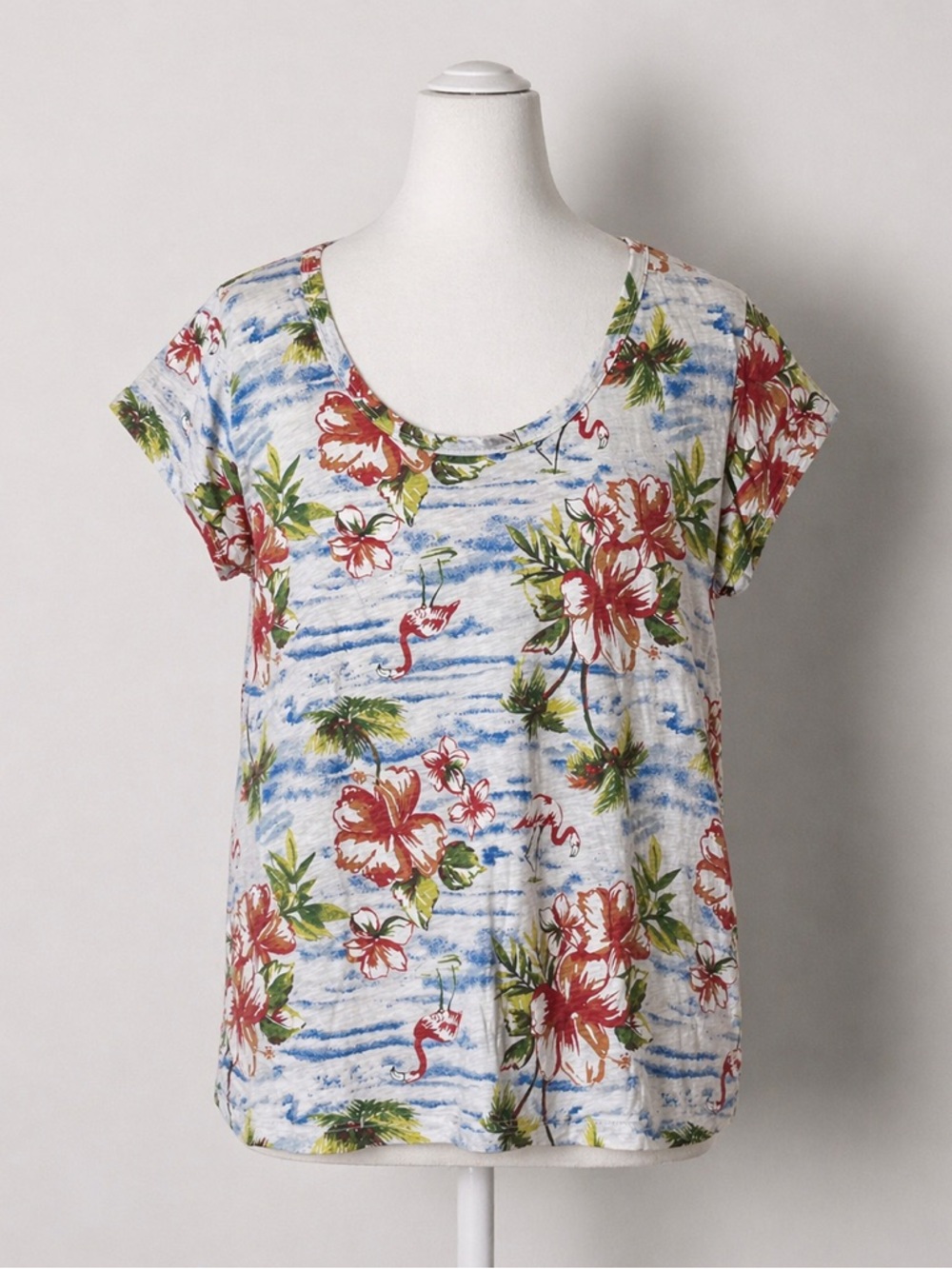 Fresh Produce Tropical Floral Flamingo Scoop Neck Cotton Top Women's Size L